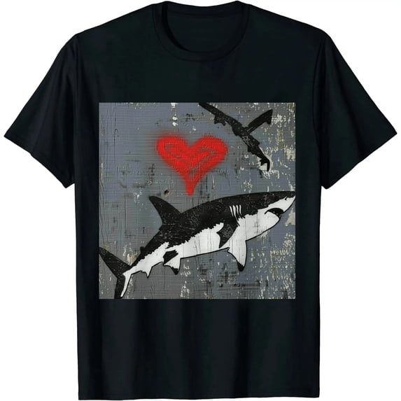 Qinduosi Womens I Love Sharks T Shirt Shark Bite Shirt Vintage Graphic Tee for Ladies Black