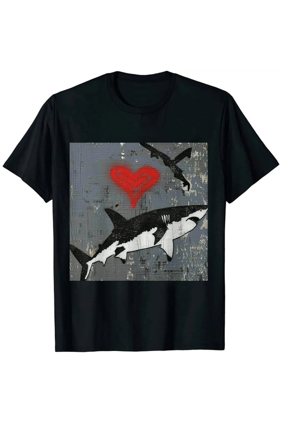 Womens I Love Sharks T Shirt Shark Bite Shirt Vintage Graphic Tee for Ladies Black
