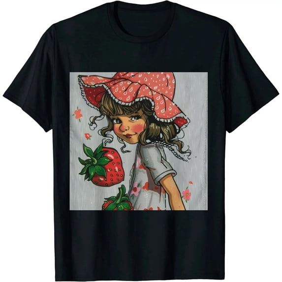 Qinduosi Womens  Mighty Cute Vintage Strawberry Sketch V-Neck T-Shirt Black