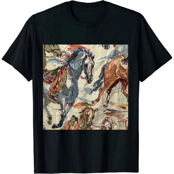 Qinduosi Womens Vintage Horse Print T Shirt Retro Cactus Pattern V Neck Short Sleeve Tee Tops Black