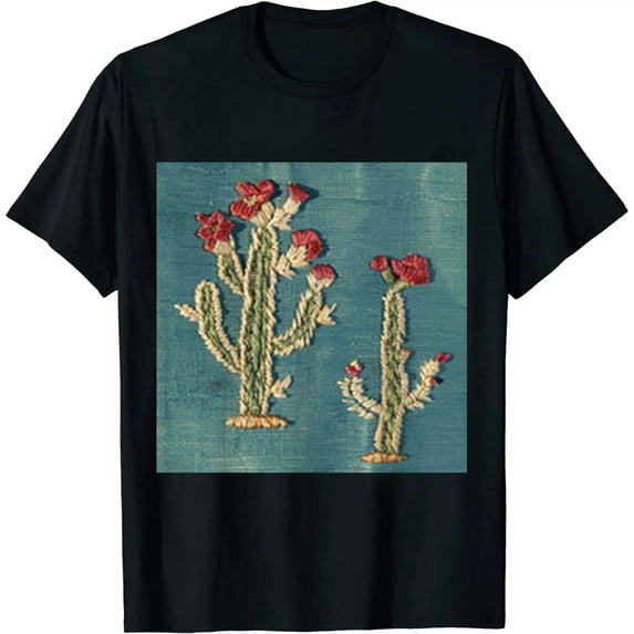 Qinduosi Womens Vintage Horse Print T Shirt Retro Cactus Pattern V Neck Short Sleeve Tee Tops Black