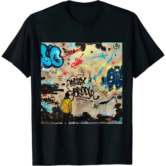 Qinduosi brand Mens Hipster Hip-Hop Urban Tees - NYC Street Fashion Graffiti Animation Print T-Shirt Black