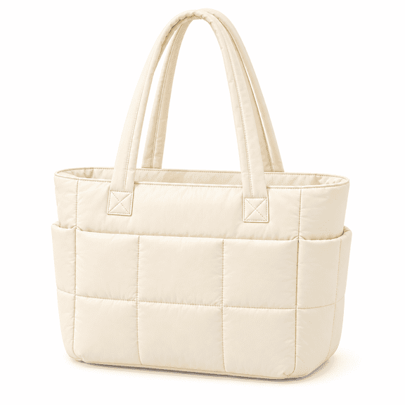 Puffer Tote Bag for Women with Laptop Compartment and Luggage Sleeve, Quilted Work and Travel Bag, Beige