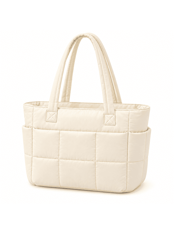 Puffer Tote Bag for Women with Laptop Compartment and Luggage Sleeve, Quilted Work and Travel Bag, Beige