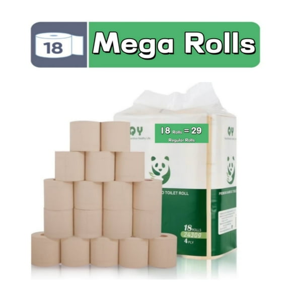 QingYa Bamboo 4-Ply Toilets Paper, Unbleached  and Ultra Soft Toilets Tissue, 18 Mega Rolls