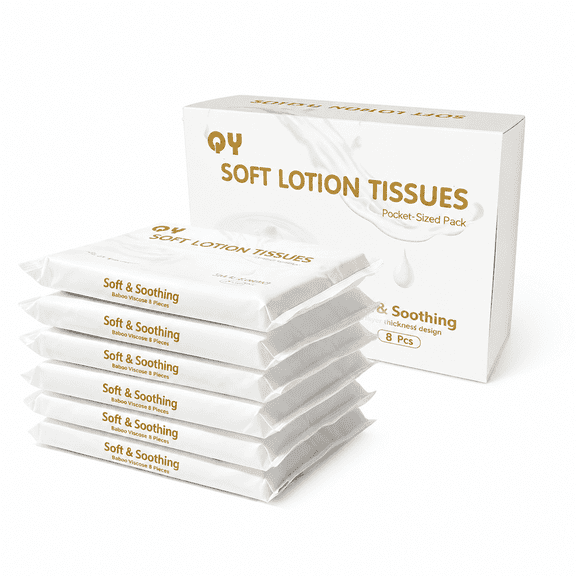 QINGYA Hypoallergenic 6-Ply Facial Tissue, 8-Pack, 20 Sheets/Pack (160 Total), Zero Lint, Ultra Soft