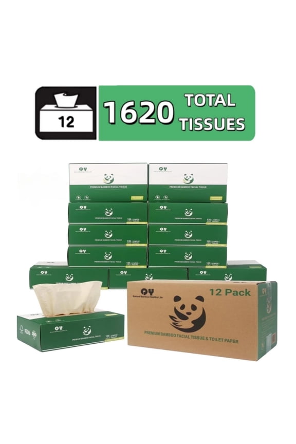 Premium Bamboo Facial Tissues, 12 Square Boxes,  135 Tissues per Box, Ultra Soft and Unbleached