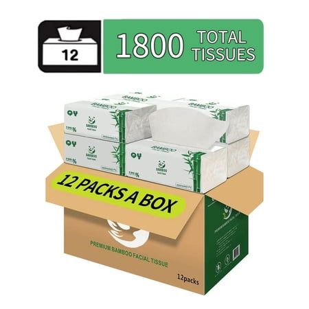 QingYa Bamboo Facial Tissue, 3-Ply Bleached Facial Paper, 12 Packs, Soft for Wet & Dry Use (150 Tissue per Pack, 1800 Tissues Total)