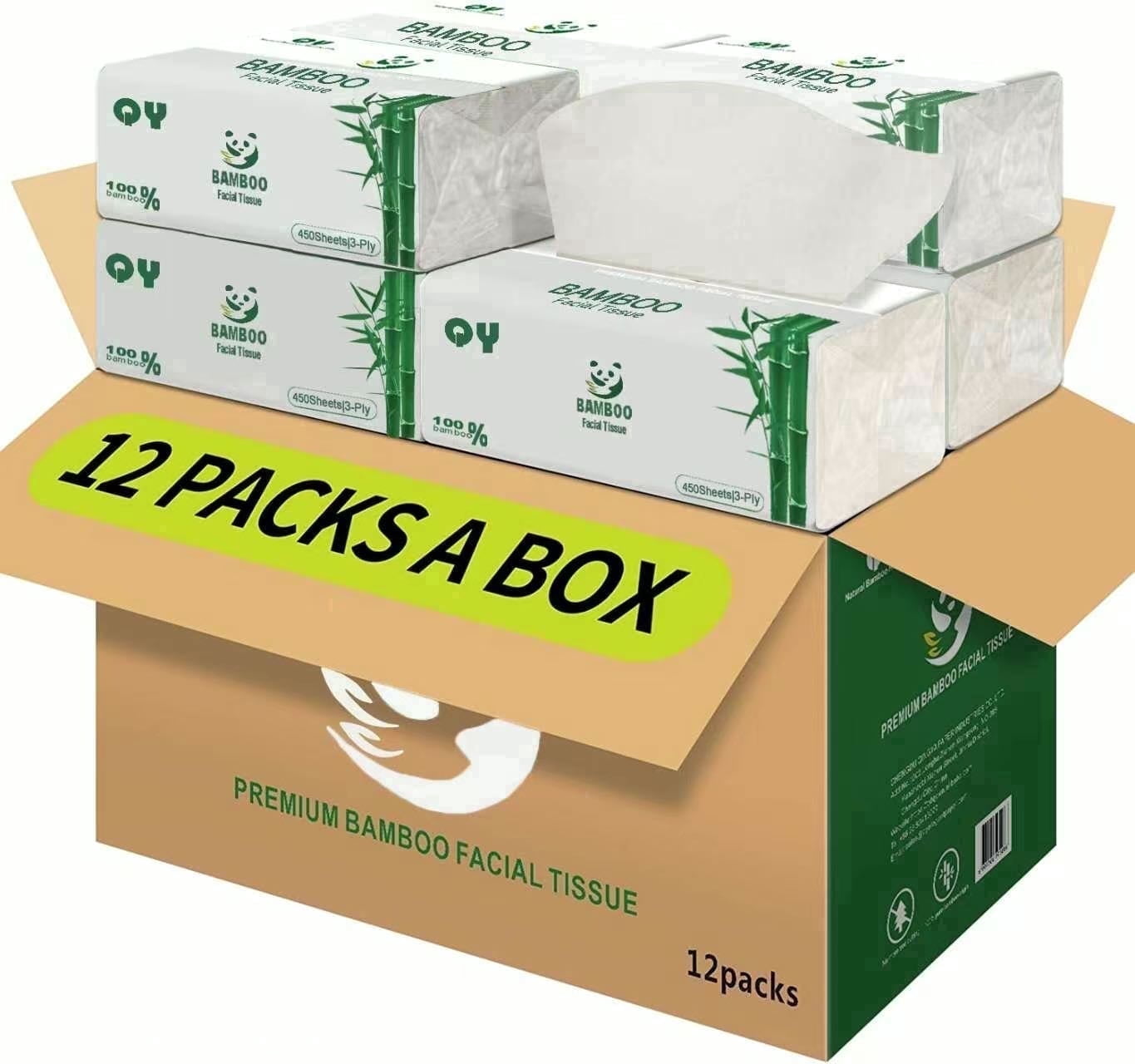 QingYa Bamboo Facial Tissue, 3-Ply Bleached Facial Paper, 12 Packs, Soft & Durable for Wet & Dry Use