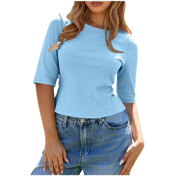 QingYiHua 1/2 Sleeve T Shirts for Women Scoop Neck T Shirts Slim Fit Casual Elbow Summer Basic Tee Tops for Teen Girls Fall Outfits Women's Clothing