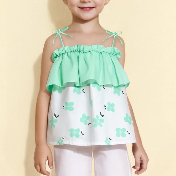 QingYiHua 1-5 Years Toddler Girls Spaghetti Strap Ruffle Tank Tops Little Girls Sleeveless Camisoles Cute Cotton Summer Clothes on Clearance Green