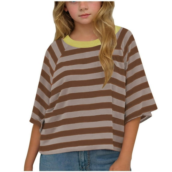 QingYiHua 3-12 Years Kids Girls Oversized Tops Striped Color Block Short Sleeve Crew Neck T-Shirts Casual Loose Pullover Tops Summer Tee Shirt Sales Coffee