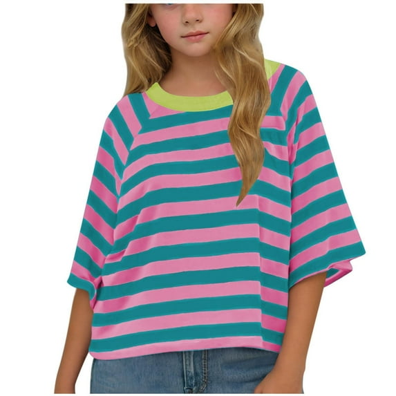 QingYiHua 3-12 Years Kids Girls Oversized Tops Striped Color Block Short Sleeve Crew Neck T-Shirts Casual Loose Pullover Tops Summer Tee Shirt Flash Deals Pink