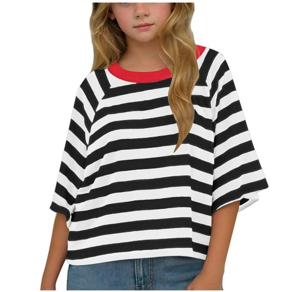 QingYiHua 3-12 Years Kids Girls Oversized Tops Striped Color Block Short Sleeve Crew Neck T-Shirts Casual Loose Pullover Tops Summer Tee Shirt Today Sales Black
