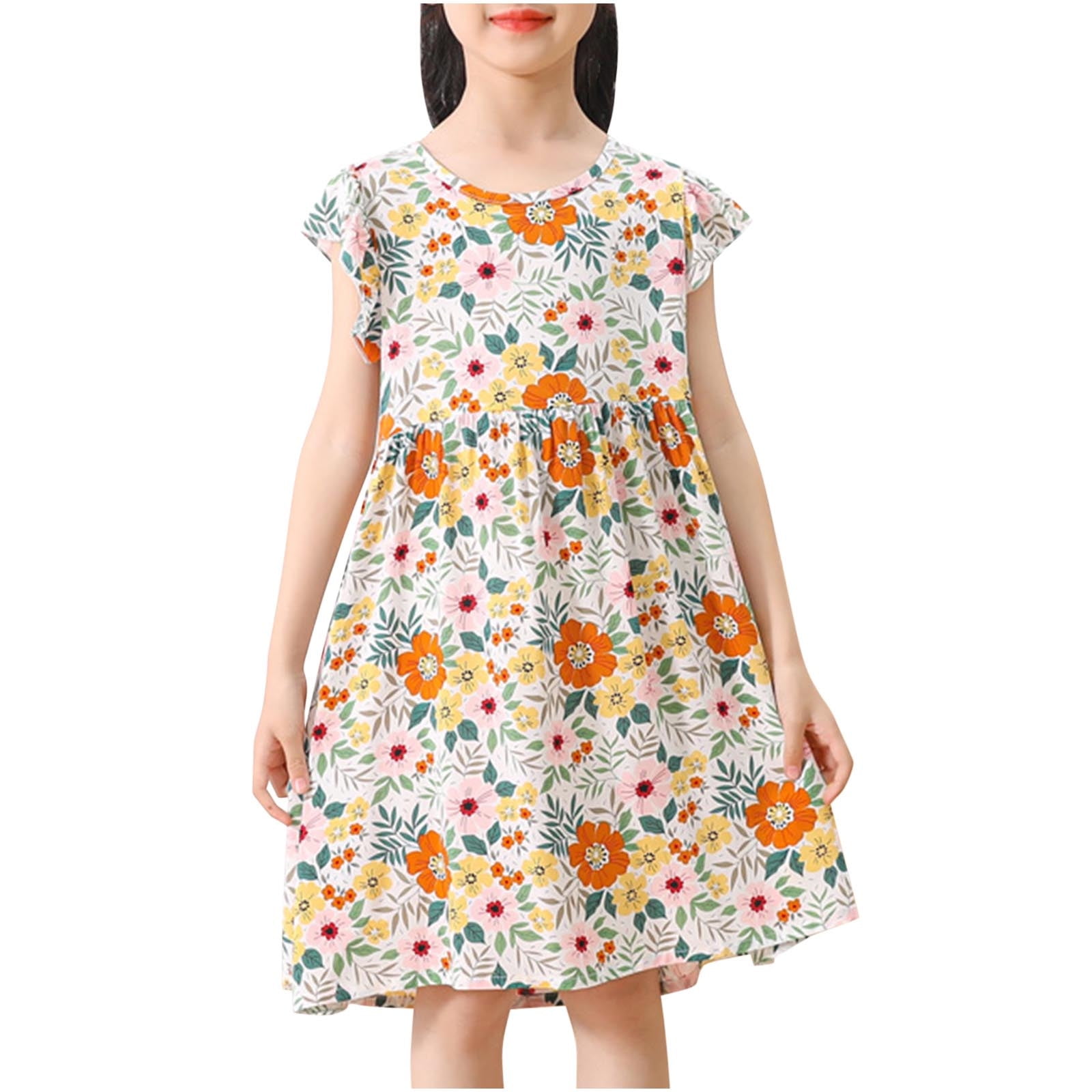 QingYiHua 3-15 Years Girls Casual Dresses Summer Floral Ruffle Sleeve Cotton Dress Lightweight A Line Loose Fit Dailywear Vacation Beach Sundress 2025 Clearance