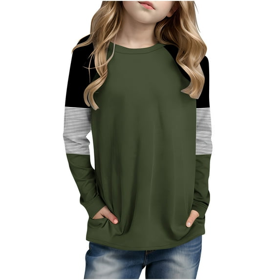 QingYiHua 4-14 Years Girl's Casual Big Kids Long Sleeve T-Shirt Tops Striped Color Block Casual Crew Neck Tees with Pockets Spring Fall Clothes Flash Deals