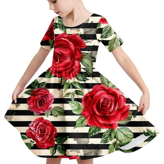 QingYiHua 4-14 Years Girls Summer Dresses Short Sleeve Casual Dress Kids Cute Fashion Print A Line Dress Big Girls Flowy Beach Sundress Sales