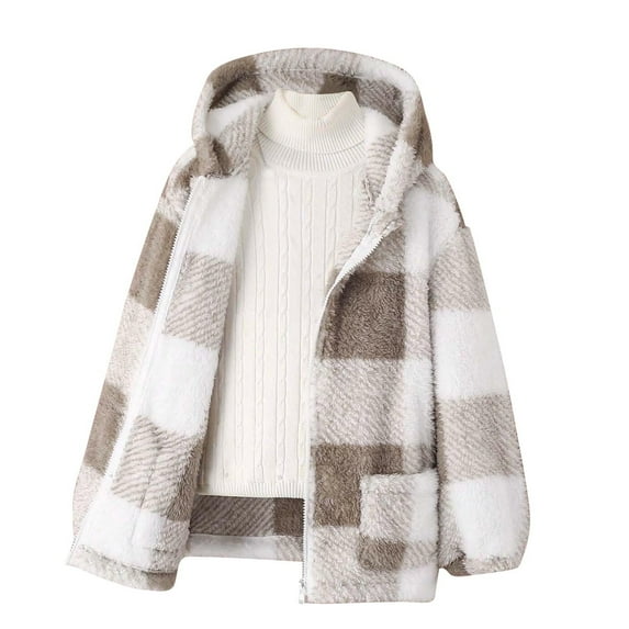QingYiHua 8-14 Years Girls Flannel Plaid Jacket Polar Fleece Lined Sherpa Full-Zip Jacket Coat Kids Winter Warm Clothing Fleece Hooded Outwear Sale or Clearance