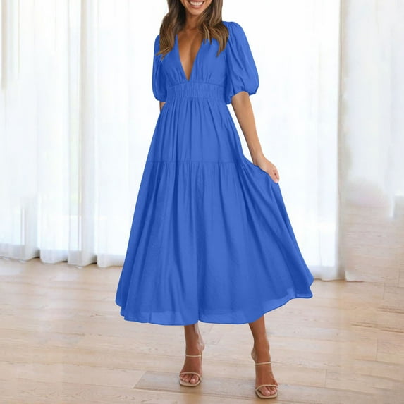 QingYiHua Dresses for Women 2025 Elegant Classy Deep V Neck Puff Short Sleeve Tiered Dresses Elastic High Waist Flowy A Line Dresses Party Dress,Blue