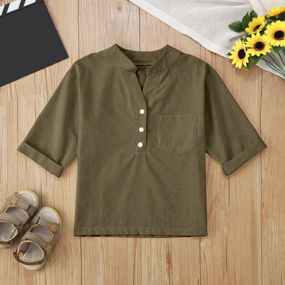 QingYiHua Girls Boys Cotton Linen Shirts Button Down V Neck 3/4 Sleeve Shirt Loose Fit Summer Casual Comfort Solid Color Tops 5 -14 Years Kids Clothes Clearance Army Green