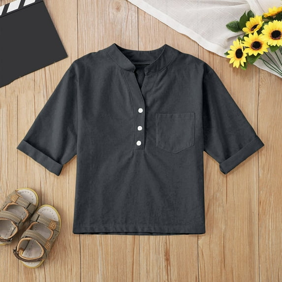 QingYiHua Girls Boys Cotton Linen Shirts Button Down V Neck 3/4 Sleeve Shirt Loose Fit Summer Casual Comfort Solid Color Tops 5 -14 Years Kids Clothes Today Deals Dark Gray