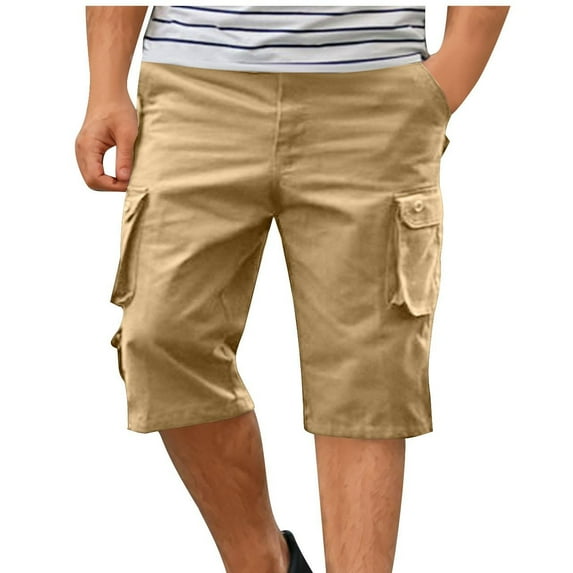QingYiHua Long Summer Cotton Shorts for Men Men's Below Knee Cargo Shorts with Multic-Pocket Capri Pant Outdoor Hiking Cropped Trousers Today Deals Khaki