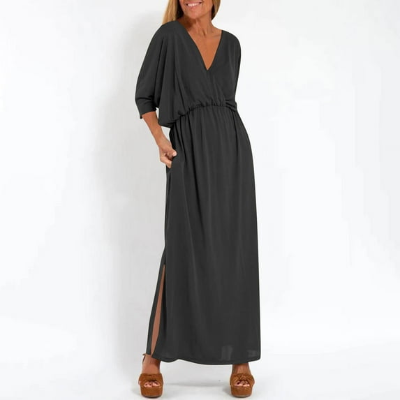 QingYiHua Maxi Summer Dresses for Women Casual 3/4 Sleeve Waist Split V Neck Plus Size Dresses Beach Vacation Long Dress with Pockets,Black