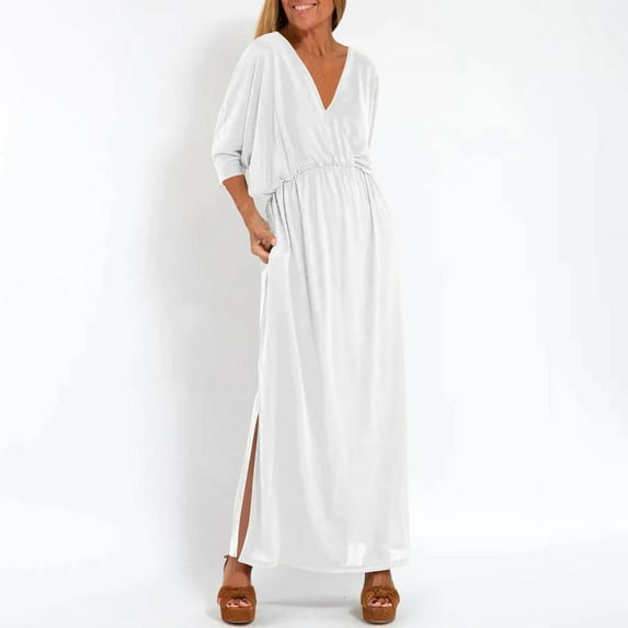 QingYiHua Maxi Summer Dresses for Women Casual 3/4 Sleeve Waist Split V Neck Plus Size Dresses Beach Vacation Long Dress with Pockets,White