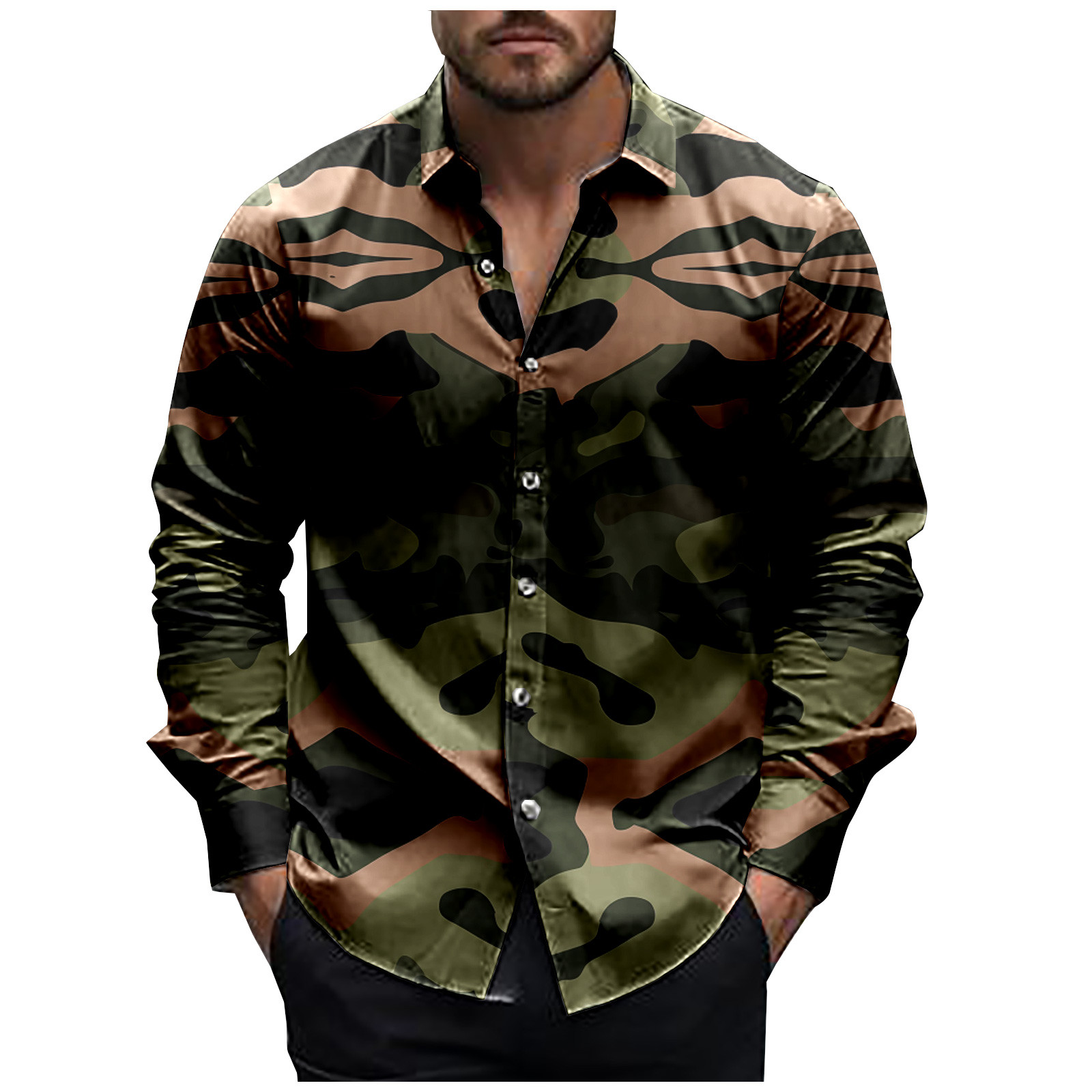 QingYiHua Men's Button-Down Shirts Fashionable Camouflage Print Casual ...