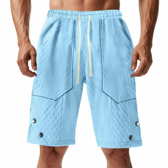 QingYiHua Men's Casual Shorts with Pockets Jacquard Textured Elastic Waist Drawstring Short Pants Fashion Loose Fit Comfy Summer Shorts 2025 Sky Blue,M