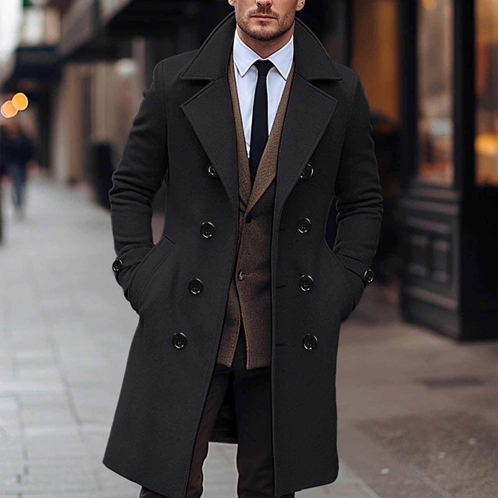 QingYiHua Men's Winter Notched Collar Trench Coat Double QingYiHua Men's Winter Notched Collar Trench Coat Double