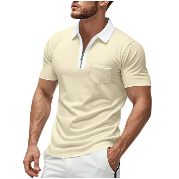 QingYiHua Mens Color Block Polo Shirts Short Sleeve Zipper Turndown Collar Shirts with Pocket Casual Shirts 2025 Summer Trendy Shirts Big and Tall,Beige