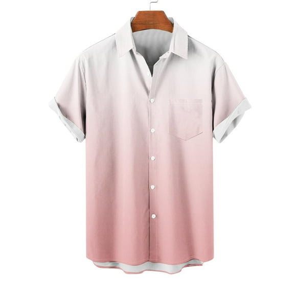 QingYiHua Mens Short Sleeve Shirts Button Down Big and Tall 2025 Summer Gradation Turndown Collar Bowling Shirt with Pocket Beach Vacation Shirts Hot Pink