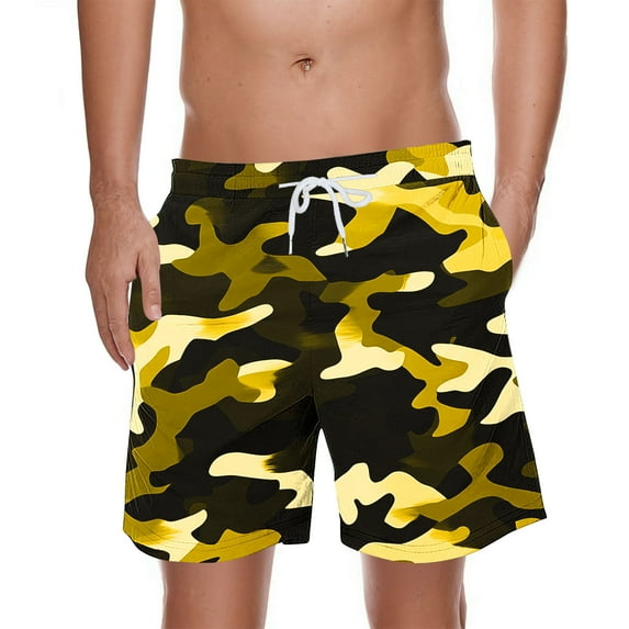 QingYiHua Mens Shorts Clearanc Men's Casual Shorts Drawstring Swim Trunks Hawaiian Beach Shorts with Pockets Mens Summer Knee Length Shorts Sales Yellow