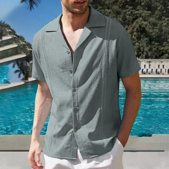 RYDCOT Mens Summer casual Shirt Big and Tall Guayabera Cuban Short Sleeve Button Down Turndown Collar Hippie plain Shirts Sale