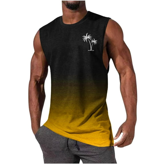 QingYiHua Mens Tank Tops Summer Big and Tall Sleeveless Shirts Graphic Palm Tree Beach Vacation Tanks Sports Muscle Gym Tank Top Men's Clothing on Clearance Yellow