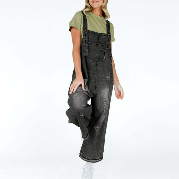 QingYiHua Overalls for Women Loose Fit Denim Loose Adjustable Strap Denim Bib Overall Jeans Distressed Wide Leg Baggy Overalls Jumpsuit,Black