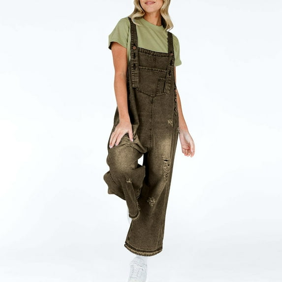 QingYiHua Overalls for Women Loose Fit Denim Loose Adjustable Strap Denim Bib Overall Jeans Distressed Wide Leg Baggy Overalls Jumpsuit,Coffee