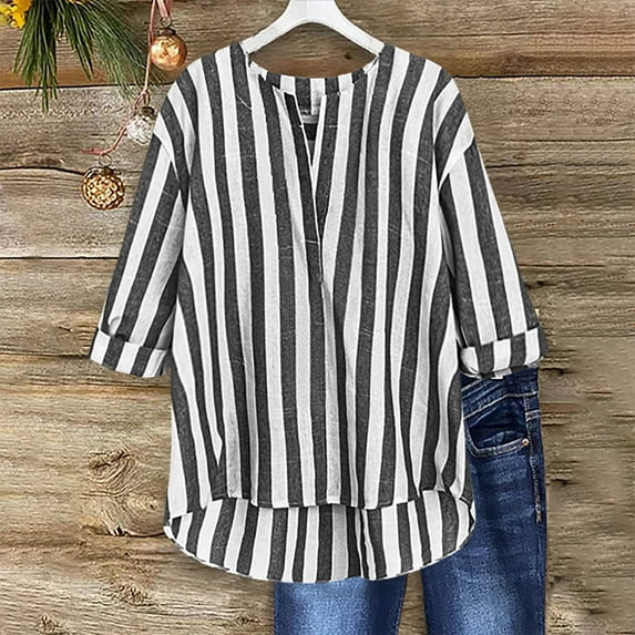 QingYiHua Plus Size 3/4 Sleeve Tops for Women Summer Vertical Striped Shirt V-Neck Tops and Blouses Casual Loose Fit Tunic Tops