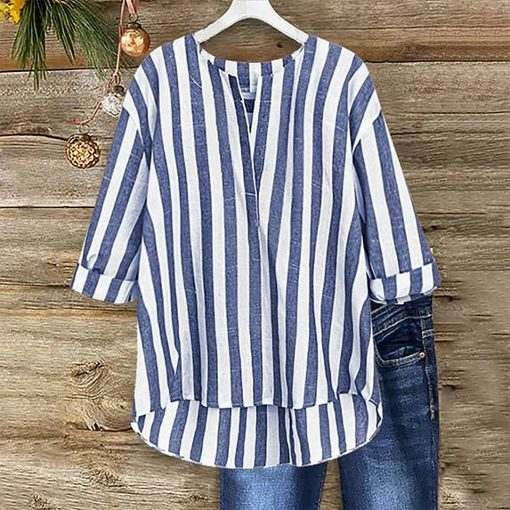 QingYiHua Plus Size 3/4 Sleeve Tops for Women Summer Vertical Striped Shirt V-Neck Tops and Blouses Casual Loose Fit Tunic Tops