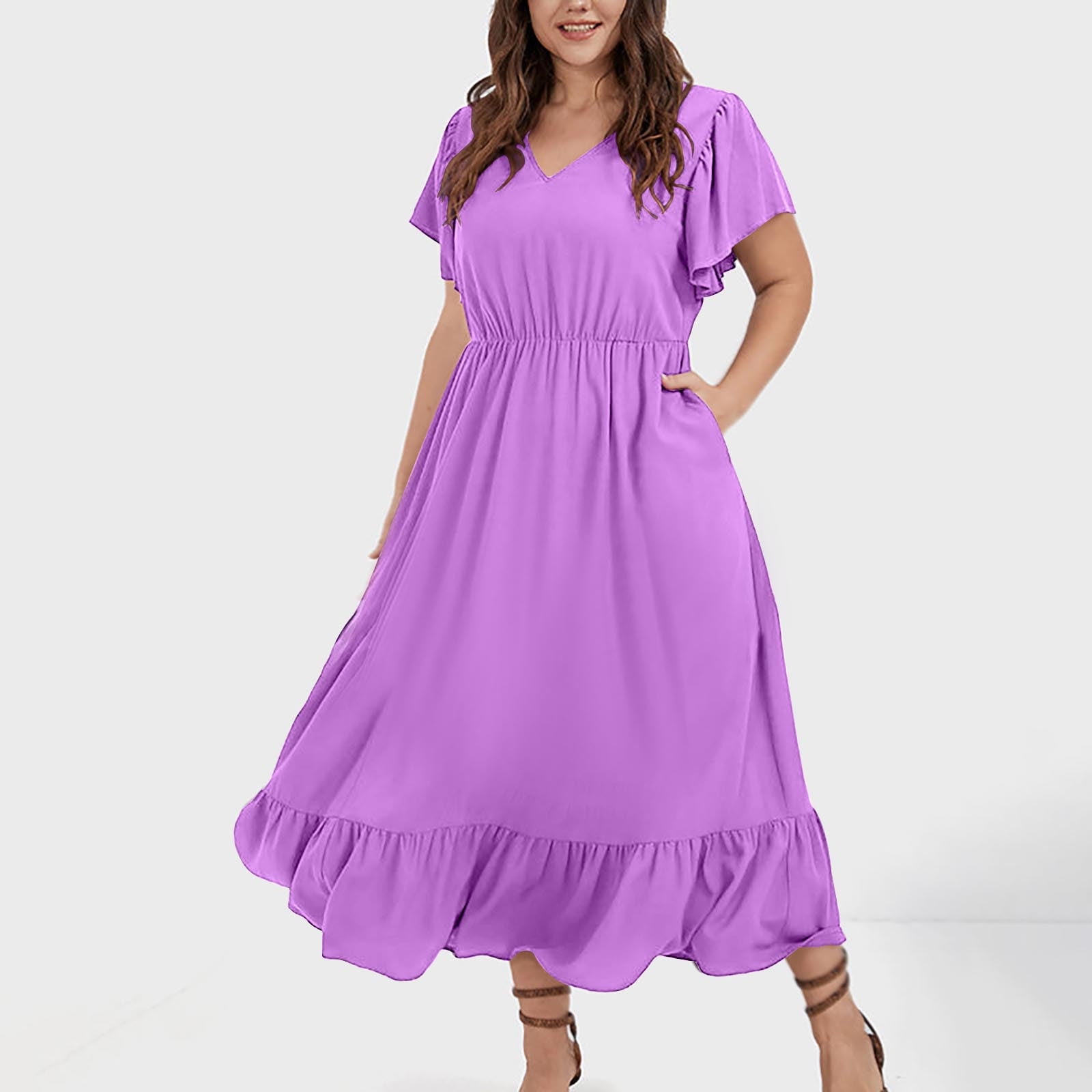 Lilac Plus Size V Neck Summer Dress With Short Sleeves