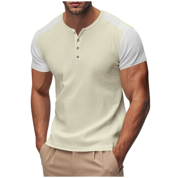 QingYiHua Shirts for Men Short Sleeve Waffle Henley Shirt Big and Tall Button Down V Neck Tshirt Shirt Color Block Knitted Pullover Clearance