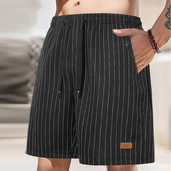 QingYiHua Shorts for Men Casual Summer Men's Flat Front Striped Shorts Elastic Waist Drawstring Shorts with Pockets Travel Golf Outdoor Work Shorts Sale Black