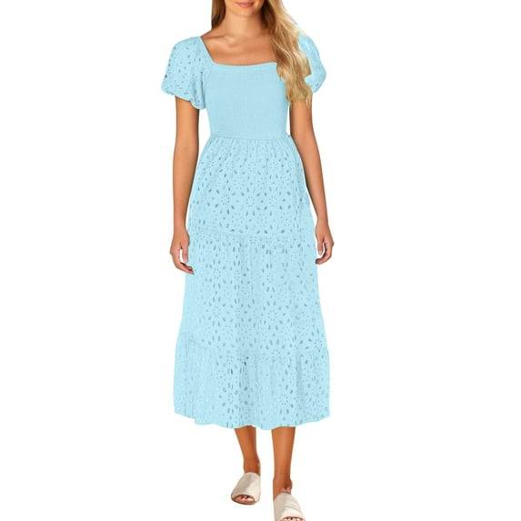 QingYiHua Summer Dresses for Women 2025 Eyelet Square Neck Puff Sleeve Smocked Wedding Guest Maxi Dress Pleated Elastic Waist Ruffle Dresses,Light Blue