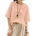 thumbnail image 1 of QingYiHua Summer Short Sleeve Cotton Linen Shirt Trendy Button Up Crew Neck Casual Top High-Low Hemline Tops Plus Size Trendy Clothes,Pink, 1 of 9