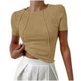 thumbnail image 1 of QingYiHua Women Summer Casual Short Sleeve Ribbed Tops Crew Neck Cute Crop Basic Tees Slim Fit Exposed Seams T Shirts 2025 Trendy Women Clothes,Khaki, 1 of 6