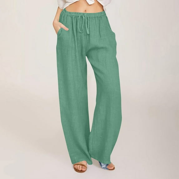QingYiHua Women's Cotton Linen Pants Summer Dressy Casual High Waisted Drawstring Lounge Trousers Flowy Wide Leg Palazzo Pants with Pockets,Mint Green