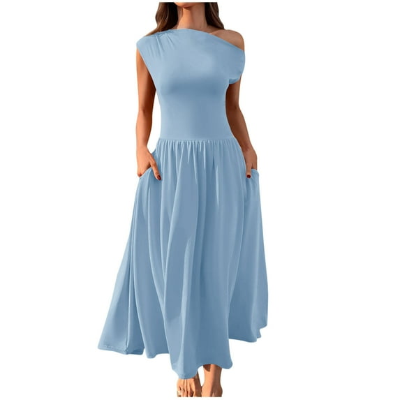 QingYiHua Women's Summer 2025 Sleeveless Long Dress One Shoulder Casual Slim Swing Pleated formal Dresses with Pockets Wedding Guest Dresses,Sky Blue