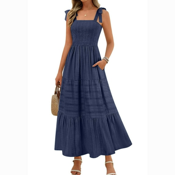 QingYiHua Women's Summer Boho Maxi Dress Beach Vacation Sleeveless Pleated Dresses Casual Smocked A Line Sundress with Pockets,Navy