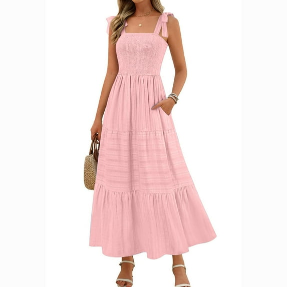 QingYiHua Women's Summer Boho Maxi Dress Beach Vacation Sleeveless Pleated Dresses Casual Smocked A Line Sundress with Pockets,Pink
